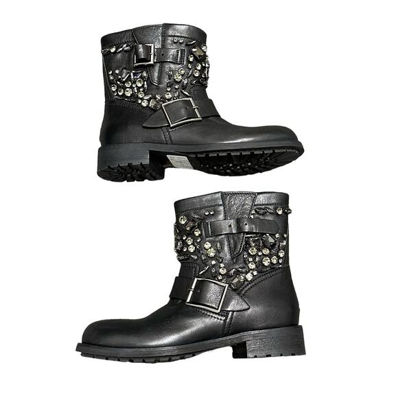 NEW Jimmy Choo Black Leather Biker Boots Gunmetal Crystal Embellished 37 / US 7 - Picture 1 of 10